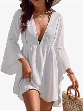 Amazon White Plunging V-Neck Beach Cover-Up Dress